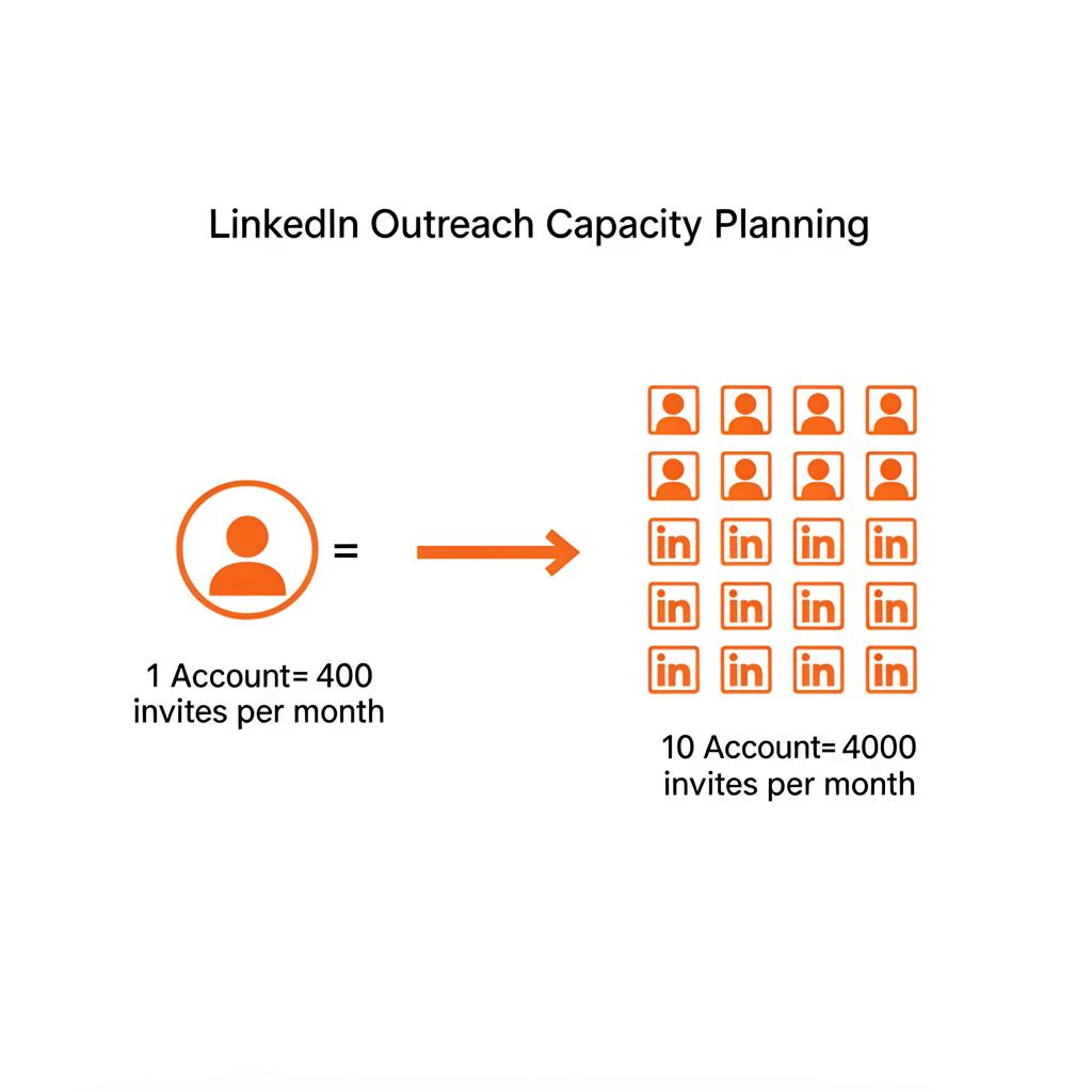 LinkedIn outreach capacity scaling diagram showing funnel from invites to meetings
