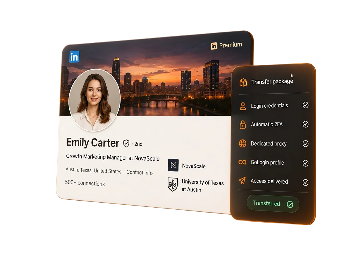 LinkedIn Premium profile card with a transfer package checklist showing login credentials, 2FA, dedicated proxy, GoLogin profile, and access delivered